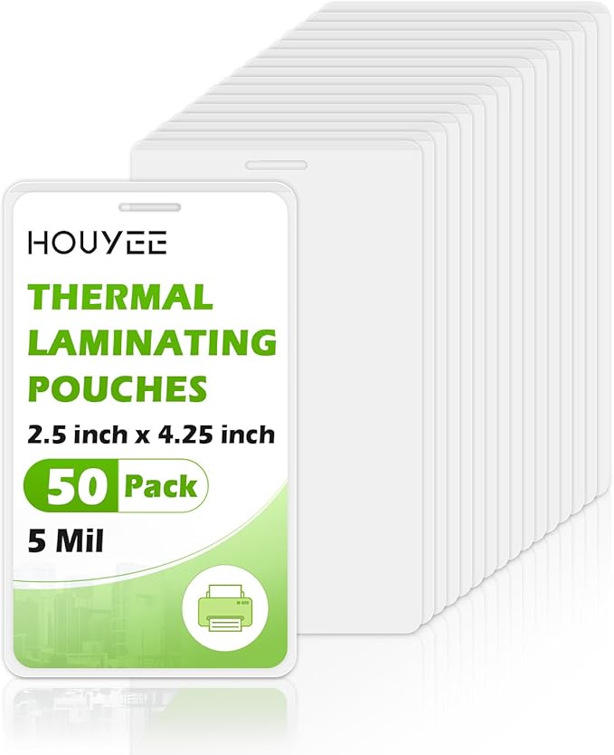HOUYEE 50 Pack 5Mil Thermal Laminating Pouches, 2.5x4.25 Inches ID Badge Size Laminate Pouches with Hole, Ultra Clear Laminating Sheets HeatSeal Laminator Pouches for ID Cards, Name Tags, Office Use
