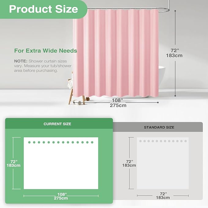 Dynamene Extra Wide Shower Curtain-108 Inch Wide Waffle Weave Weighted Thick Cloth Bathroom Shower Curtain, Neutral Heavy Duty Hotel Bath Curtain Set with 18 Plastic Hooks,108x72, Pink