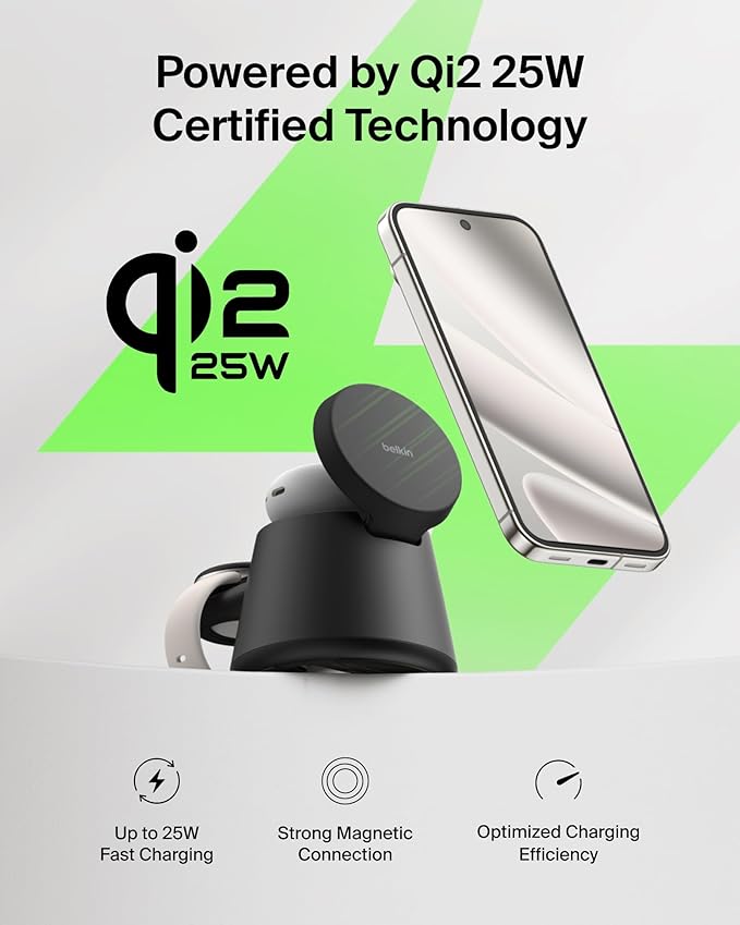 Belkin 3-in-1 Wireless Charging Station for Samsung Galaxy S26, Android - Qi2.2 25W Magnetic Charger for Pixel 10, iPhone 17, USB C Port for Galaxy, Pixel, & Apple Watch (Watch Charger Not Included)