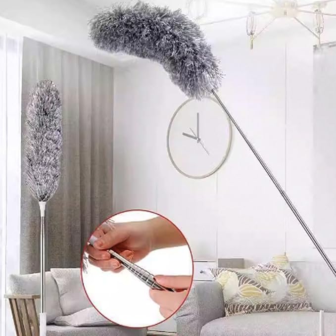 Microfiber Cobweb Duster with 16-100 Inch Extension Pole, Washable Cleaning Duster Kit with 2 Duster Heads Bendable Washable Head Ceiling Fan Duster for High Ceilings, Blinds, Furniture & Car Cleaning
