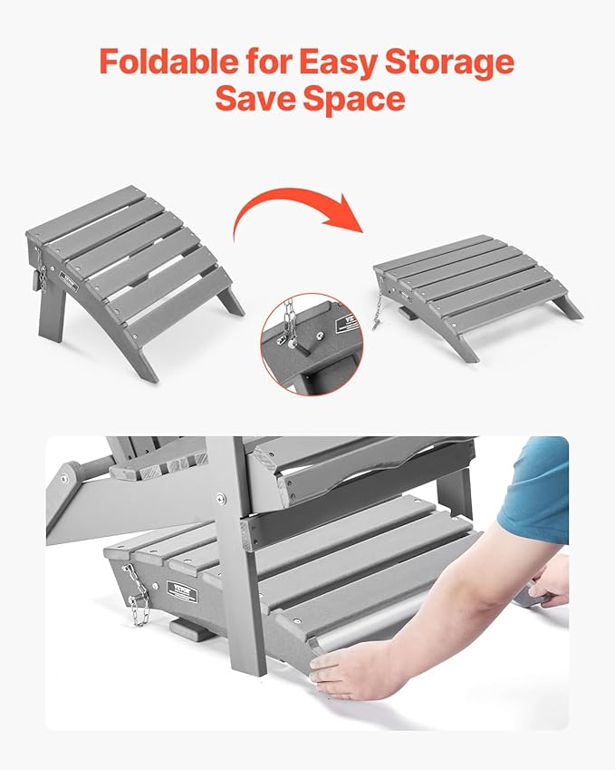VEVOR Adirondack Ottoman, 16.9L x 18.9W x 13H Inch HDPE Plastic Folding Adirondack Ottoman, Weather-Resistant Foot Rest for Adirondack Chair, Widely Used for Outside Porch Pool Lawn Backyard, Gray