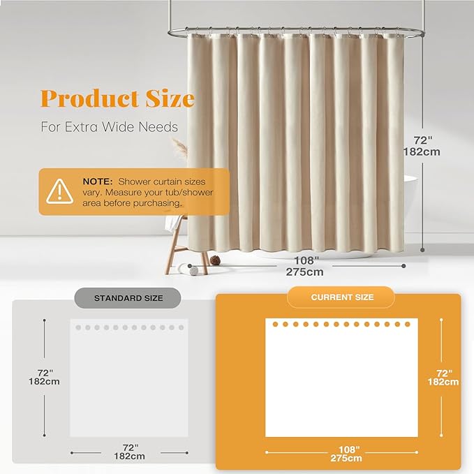 BTTN 108 Extra Wide Shower Curtain - 108x72 Linen Textured Heavy Duty Fabric Shower Curtain Set with 18 Plastic Hooks, Large Neutral Cloth Shower Curtains for Bathroom and Clawfoot Tub, Cream/Beige