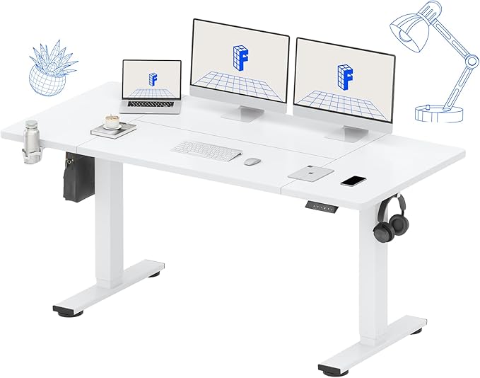 FLEXISPOT 63x32 Inch Electric Large Standing Desk for Home & Office, Spacious Splice Board Desk with Cable Management & Organizer, Cup Holder & Hook, White