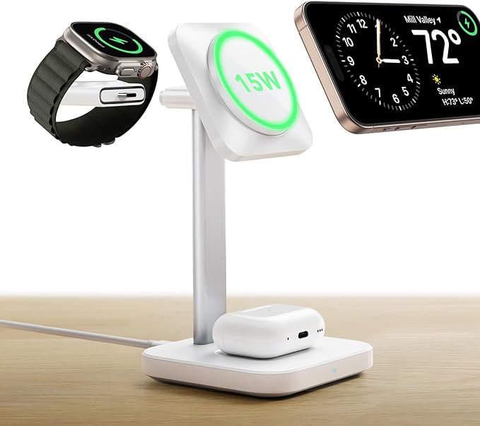 ESR for 3 in 1 Wireless Charging Station, Certified Apple Watch Charger, 15W MagSafe Charger Stand for iPhone, Wireless Charger for Multiple Devices iPhone 17/16/15/14/13, Watch, AirPods, White