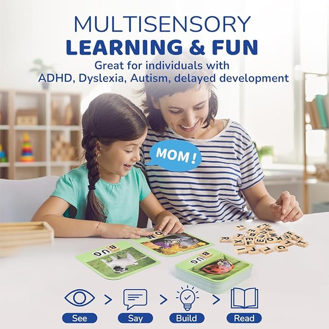 BenBen Spelling Games, 224 Flashcards, 208 Wood Letter Tiles, 1-4 Players, Learning Games for Kids 4-8, Educational Toys for Kindergarten 1st 2nd Grade, Preschool Classroom Must Haves