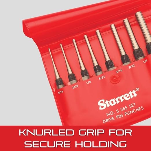 Starrett Drive Pin Punch with Knurled Grip for Driving Pins Into or Out of a Workpiece - Hardened and Tempered Steel, 4" Length, 1/8" Diameter - 565C, Brass Material, Loaded Style