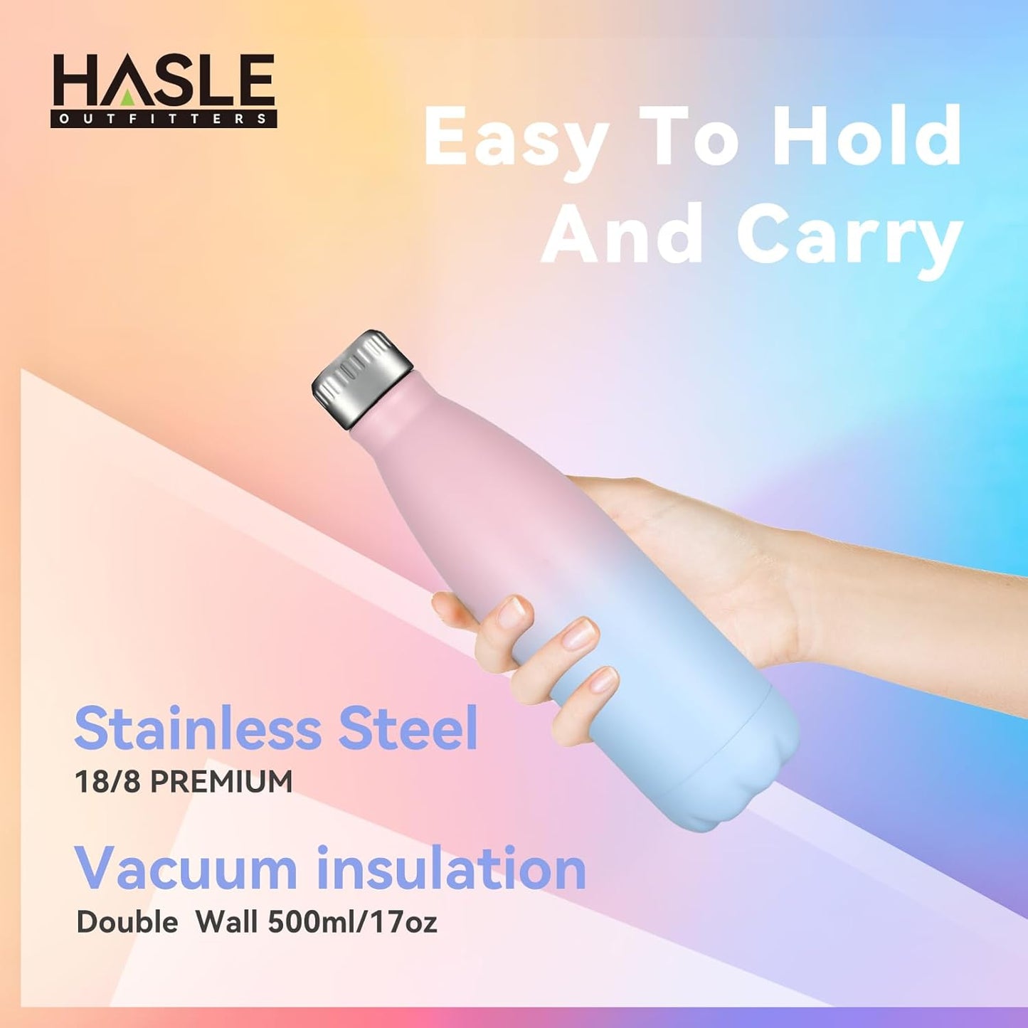 HASLE OUTFITTERS 17oz Stainless Steel Water Bottles Bulk, Vacuum Insulated Water Bottles Double Walled Reusable Metal Sports Water Bottles Keep Drinks Hot and Cold, Pink Blue, 4Packs