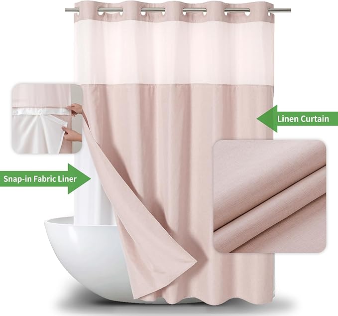 No Hooks Needed Linen Textured Shower Curtain with Snap-in Fabric Liner Set,Blush Hotel Luxury Decor Shower Curtains for Bathroom with Mesh Top Window,Waterproof & Washable,71Wx74H