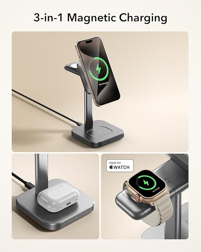 ESR for 3 in 1 Wireless Charging Station, Certified Apple Watch Charger, 15W MagSafe Charger Stand for iPhone, Wireless Charger for Multiple Devices iPhone 17/16/15/14/13, Watch, AirPods, Grey