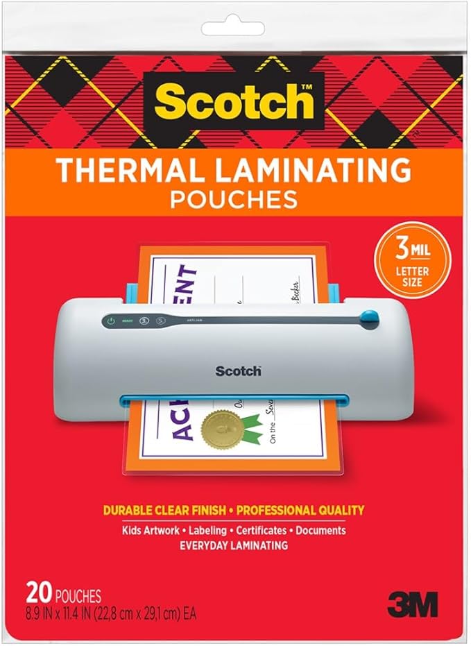 Scotch Thermal Laminating Pouches, Letter Size Laminating Sheets 8.9 x 11.4-Inches, 3 mil thick, 20-Pack, Clear