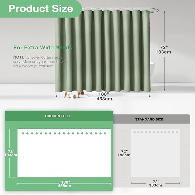 Dynamene Extra Wide Shower Curtain - 180 Inch Wide Waffle Weave Weighted Thick Cloth Bathroom Shower Curtain, Neutral Heavy Duty Hotel Bath Curtain Set with 32 Plastic Hooks,180x72, Sage Green