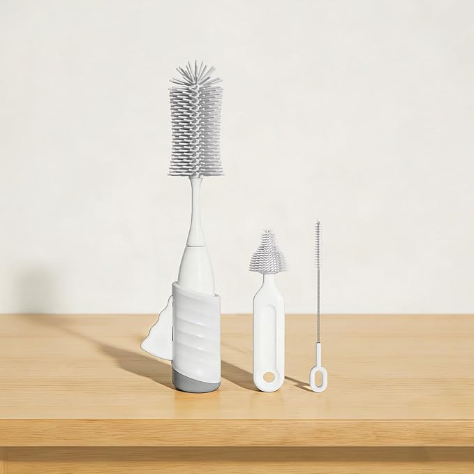 Bottle Brush Set, Innovative Efficient Press-to-Spin Brush Cleaner - Includes Silicone Baby Bottle Brush, Nipple Brush, Straw Cleaner - Spinning Generates Rich Foam for Deep Cleaning, Gray