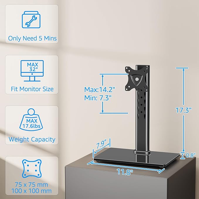 MOUNTUP Monitor Stand for Desk, Freestanding Monitor Mount Fits 13-32 inch Screen up to 17.6 lbs, Screen Stand with Swivel, Height, Rotation Adjustment, VESA Mount 100 x 100mm, 75 x 75mm