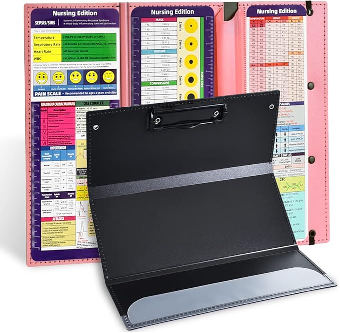 Vuzvuv Nursing Foldable Plastic Clipboard 3 Layers with Medical Edition Cheat Sheets, Pink Pocket Foldable Nurse Clip Boards Notepad for Students,Doctors and Medical Staff