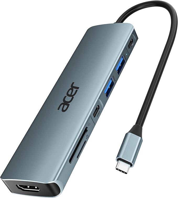 Acer USB C Hub, 7 in 1 Multi-Port Adapter for Laptop, 4K, HDMI Splitter with 2 USB A 3.1 & Type-C to HDMI Data Port, PD 100W Charging, SD Card Reader for Computer, Desktop, Space Grey