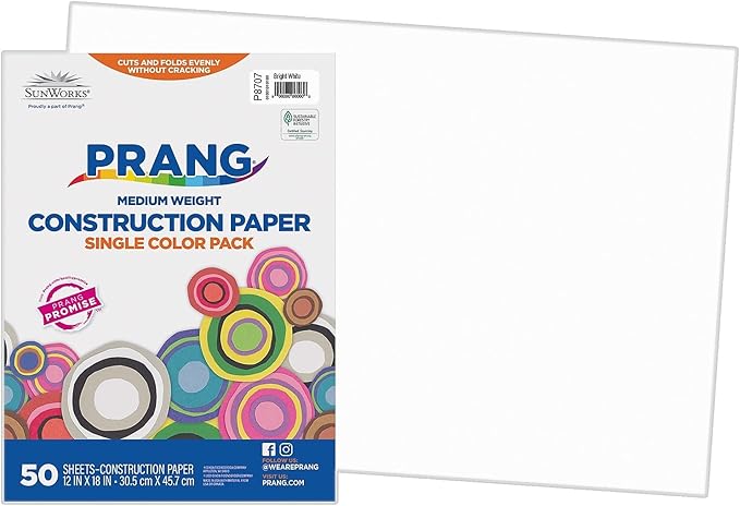 SunWorks® Construction Paper, Bright White, 12" x 18", 50 Sheets Per Pack, 5 Packs
