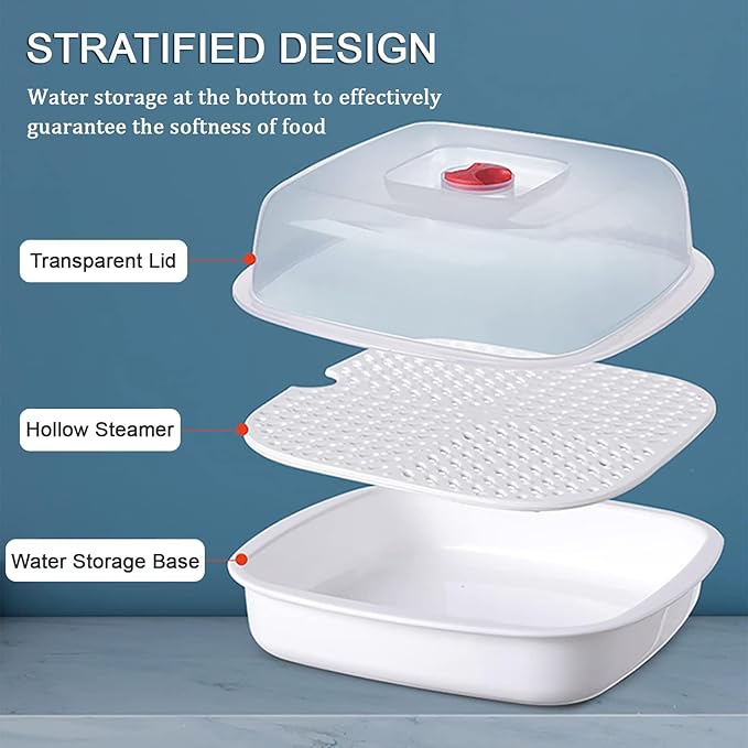 Microwave Steamer with Lid and Tray, Vegetables Steamer for Microwave Bowl, Microwavable Cookware Supplies (2 - Layer)