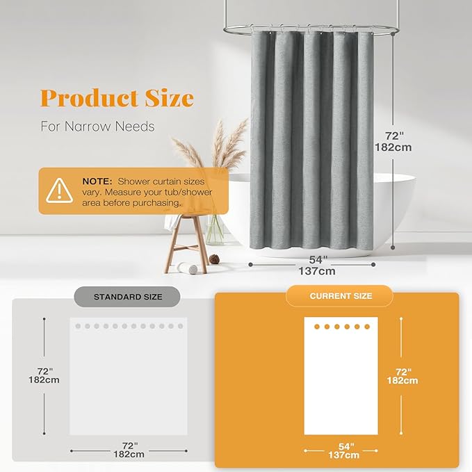 BTTN Stall Fabric Shower Curtain - 54x72 Inch Long Linen Textured Heavy Duty Cloth Shower Curtain Set with 10 Plastic Hooks, Hotel Spa Weighted Waterproof Neutral Bath Curtain for Bathroom - Gray/Grey