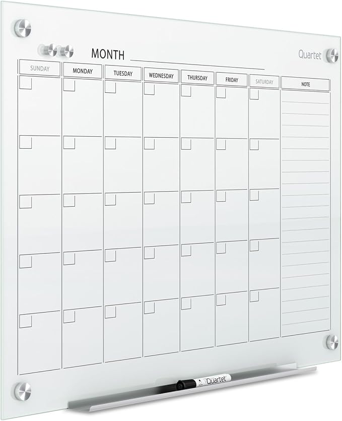 Quartet Magnetic Whiteboard Calendar, 36"' x 24", Glass Dry Erase White Board Planner for Homeschool Supplies & Home Office Organization, 2 Magnets, 1 Dry Erase Marker, Frameless Infinity (GC3624F)