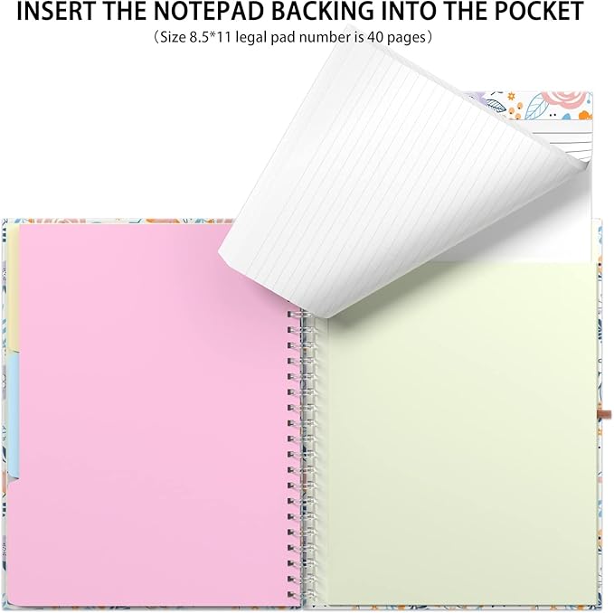Rimilak Spiral Clipboard Folio with Refillable Lined Notepad, 14.5 x 9.8 in, Hardcover Cover with 5 Interior Pockets, Elastic Band and Pen Loop Series. Cute Stylish Clipfolio, Purple Flower