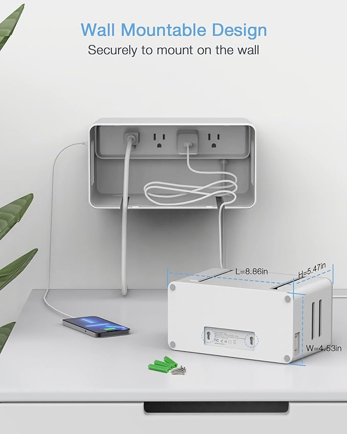 TESSAN Power Strip with Cable Management Box, 5 ft Flat Plug Extension Cord, 4 Outlets 2 USB Ports with Overload Switch, Mountable White Power Cord Organizer Charging Station for Dorm, Office, Home