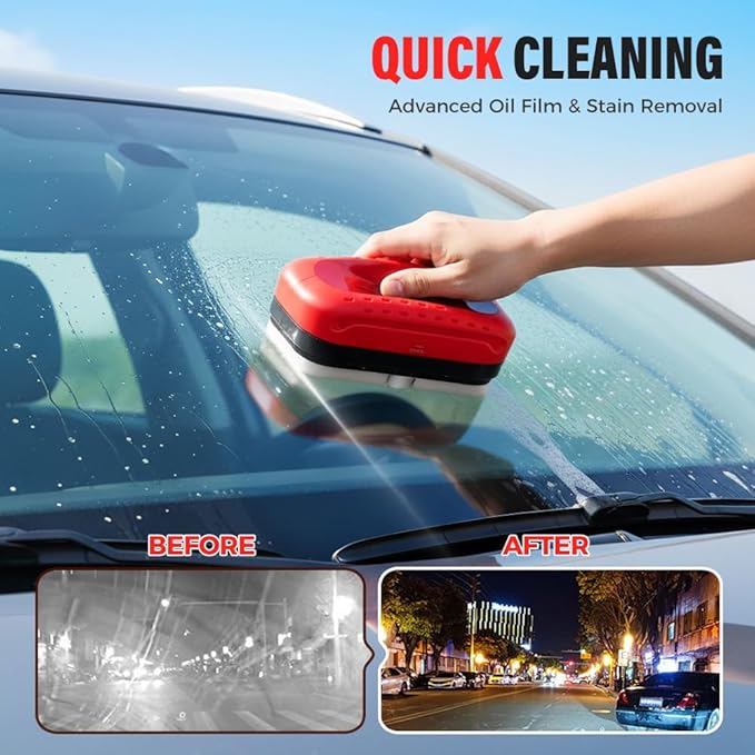 Automotive Oil Film Cleaning Brush,Antifog & Rainproof Glass Cleaning Board for Car Windows,Car Glass Oil Film Remover with Refill,windshield cleaner tool For Improves Clarity (2)