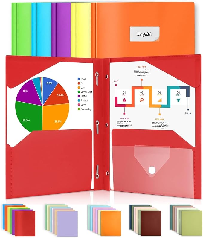 Sooez 6 Pack Pocket Folder with Prongs, Plastic Folders with Extra Pockets, Heavy Duty Two Pocket File Folders 3 Prong Folders Back to School Supplies, Letter Size A4,Bright