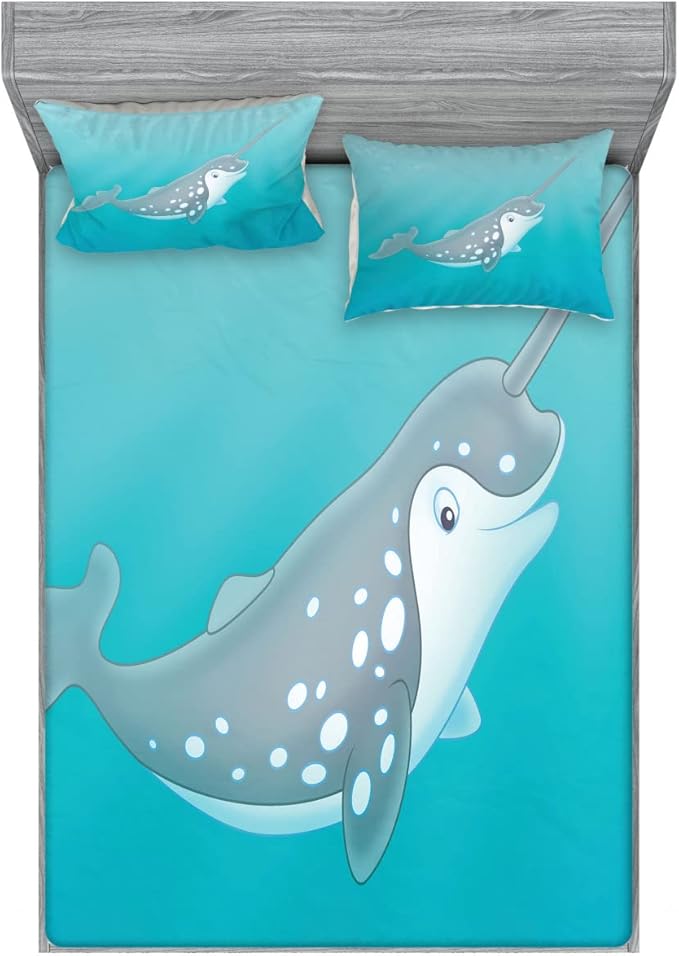 Ambesonne Narwhal 2 Pack Fitted Sheet & Pillow Sham Set, Cartoon Mammal Drawing, 4 Pcs Bedding Decor, Package Contains 2 Full Size Fitted Sheets & 4 Pillow Covers, Seafoam Grey White