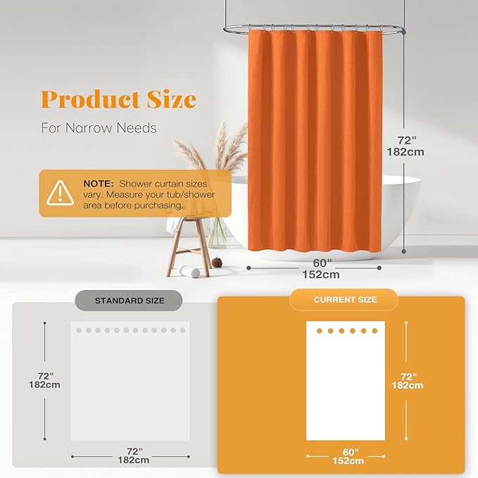 BTTN Stall Fabric Shower Curtain, 60 Inch Linen Textured Heavy Duty Small Cloth Shower Curtain Set with 10 Plastic Hooks, Narrow Simple Modern Weighted Shower Curtains for Bathroom - 60" x 72", Orange