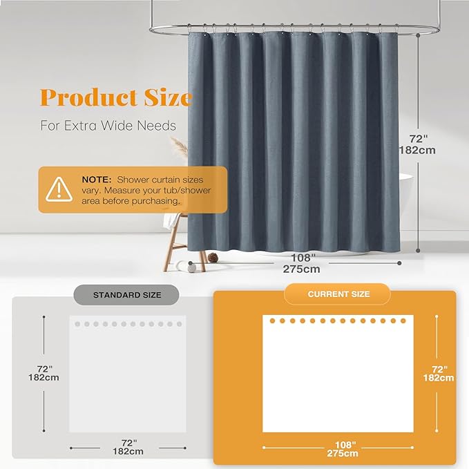 BTTN Extra Wide Shower Curtain - 108 x 72 Inch Linen Textured Waterproof Fabric Shower Curtain Set with 18 Plastic Hooks, Simple Wrap Around Cloth Shower Curtains for Bathroom and Bathtub - Blue Gray