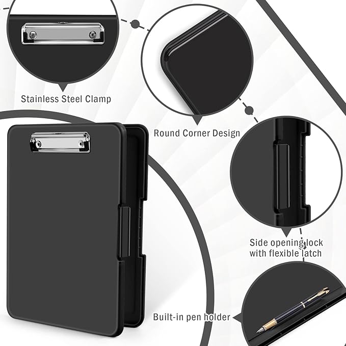 ANZNKU Clipboards with Storage, 13x9.6 Heavy Duty Nursing Clipboard Foldable, Plastic Storage Clipboard with Pen Holder, Cute Clip Board Folder for Teacher Nurse Work, School & Office Supplies(Black)