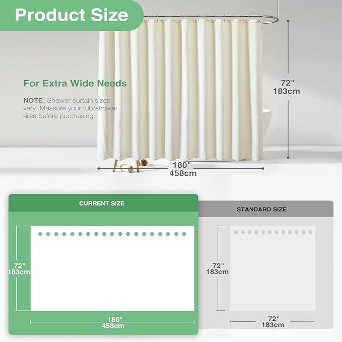 Dynamene Extra Wide Shower Curtain - 180 Inch Wide Waffle Weighted Thick Cloth Bathroom Shower Curtain, Neutral Heavy Duty Hotel Shower Curtain Set with 32 Plastic Hooks, 180x72, Cream/Ivory