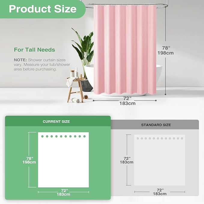 Dynamene Long Fabric Shower Curtain - 78 inch Long Waffle Weave Weighted Cloth Shower Curtains for Bathroom, Neutral Heavy Duty Hotel Spa Luxury Bath Curtain Set with 12 Hooks, 72x78, Pink