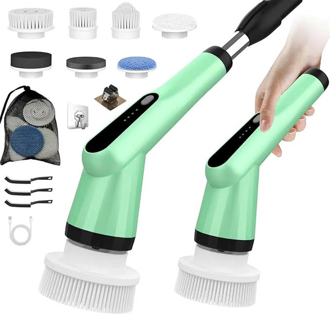 Electric Spin Scrubber, Shower Scrubber with Long Handle Adjustable, 2 Speed & 7 Replaceable Brush Heads Shower Cleaner Brush, Electric Scrubber for Cleaning Bathroom Tile Floor Bathtub Green
