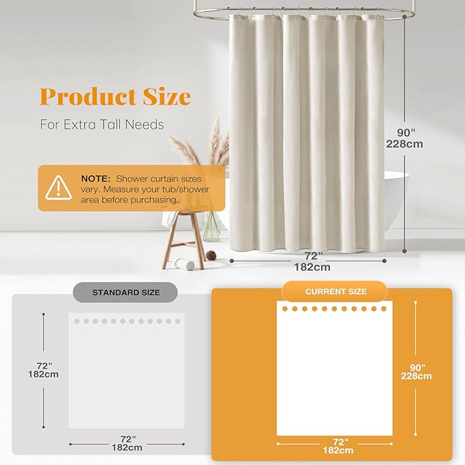 BTTN Extra Long Fabric Shower Curtain - 72 x 90 Inch Linen Textured Heavy Duty Cloth Shower Curtain Set with 12 Plastic Hooks, Large Hotel Luxury Polyester Shower Curtains for Bathroom, Light Cream