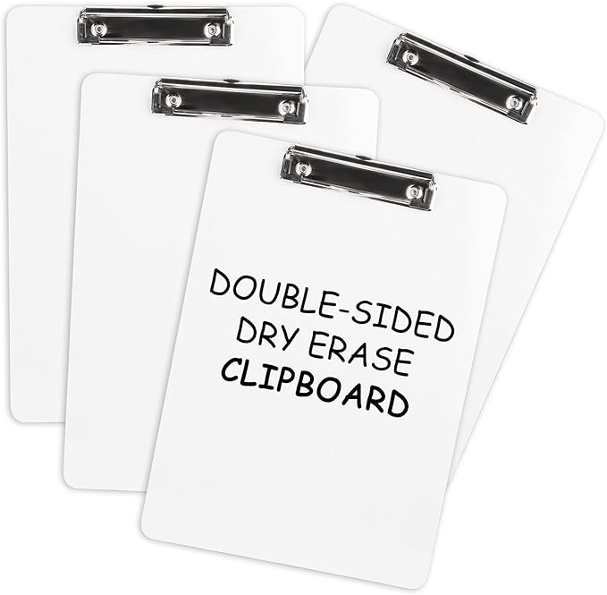 Dry Erase Wood Clipboard 4 Pack, Hardboard Clip Board 8.5x11 for Classroom, Students, Kid, Size 9" x 12.5", Double-Sided White Board, with Low Profile Clip, Office & School Supply