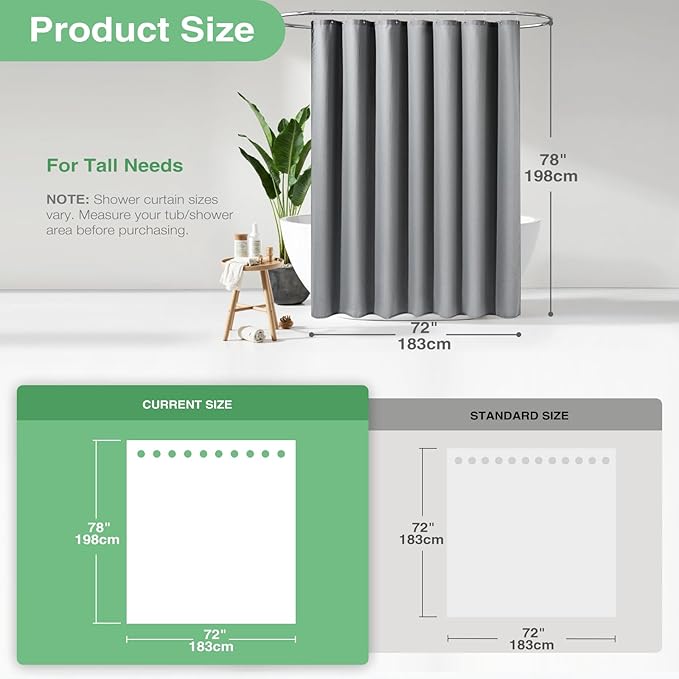 Dynamene Long Fabric Shower Curtain - 78 inch Long Waffle Weave Weighted Cloth Shower Curtains for Bathroom, Neutral Heavy Duty Hotel Spa Luxury Bath Curtain Set with 12 Plastic Hooks,72x78, Grey