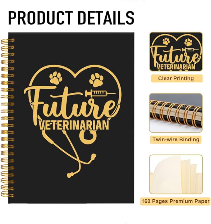 Future Veterinarian Black Golden Spiral Blank Notebook, Funny Paw Silhouettes Journal Gifts for Future Veterinary Nurse Vet Assistant Animal Lover, Grad Gifts for Veterinary Tech Student