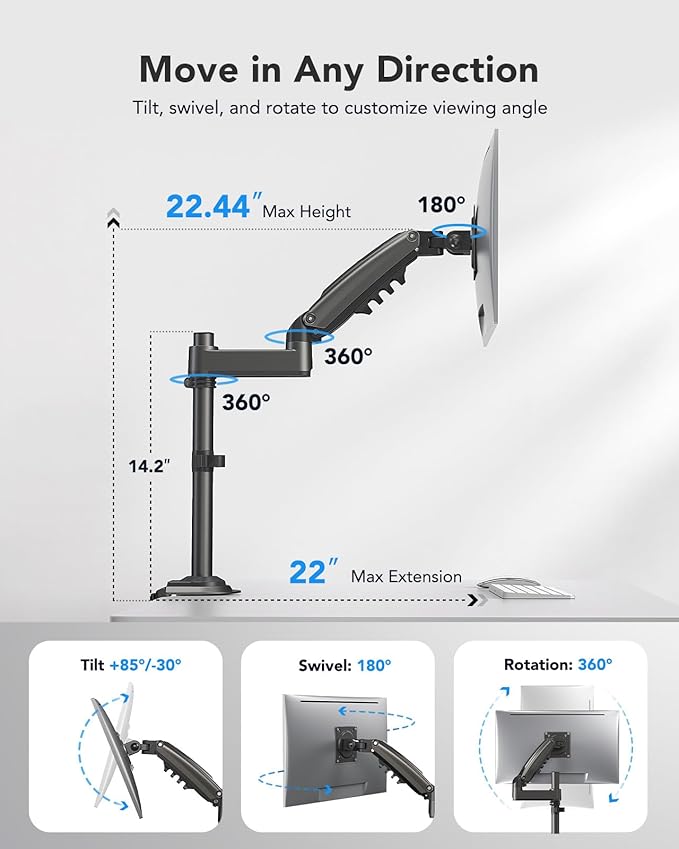 HUANUO Single Monitor Arm, Adjustable Desk Mount for 13-34 inch Screens, Holds 19.8lb, 22.44 inch Max Height, Full Motion Swivel Gaming Monitor Stand with VESA 75x75mm and 100x100mm Compatibility