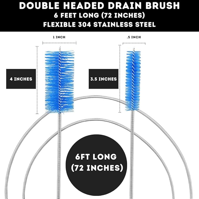 Flexible Drain Cleaning Brush (72" Long) for Drains, Bottles, Bathroom Sink, Bathtub, Shower, and Kitchen Sink, Heavy-Duty Double Ended Nylon with Elastic Hose, Bathroom Essentials, Blue