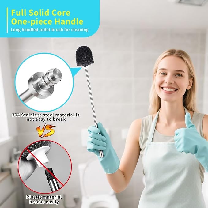 Toilet Bowl Brush and Holder Solid Long Handle Toilet Brush for Bathroom with Heavy Duty 304 Stainless Steel Base and 2 Brush Heads for Domestic Deep Cleaning Under Rims (Silver 1)