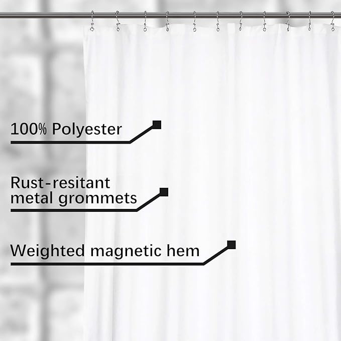 N&Y HOME Fabric Shower Curtain Liner Oversize 96 x 72 inches, Hotel Quality, Washable, Water Repellent, White Bathroom Curtains with Grommets, 96x72