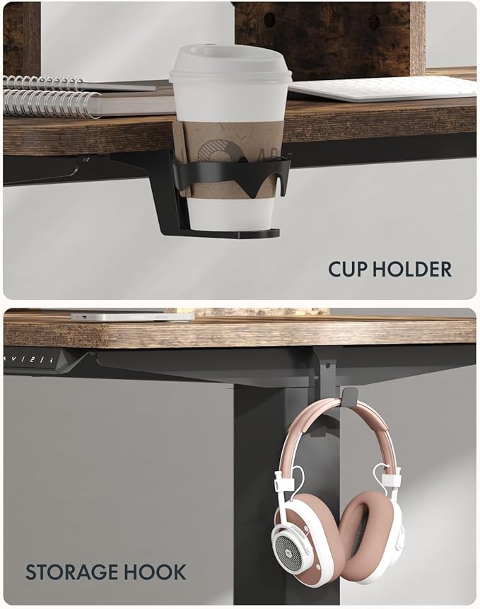 FLEXISPOT Standing Desk with Monitor Stand, 55 x 24 Inches One-Piece Electric Height Adjustable Computer Desk with Cup Holder, Home Office Desks (Black Frame+ Rustic Top)