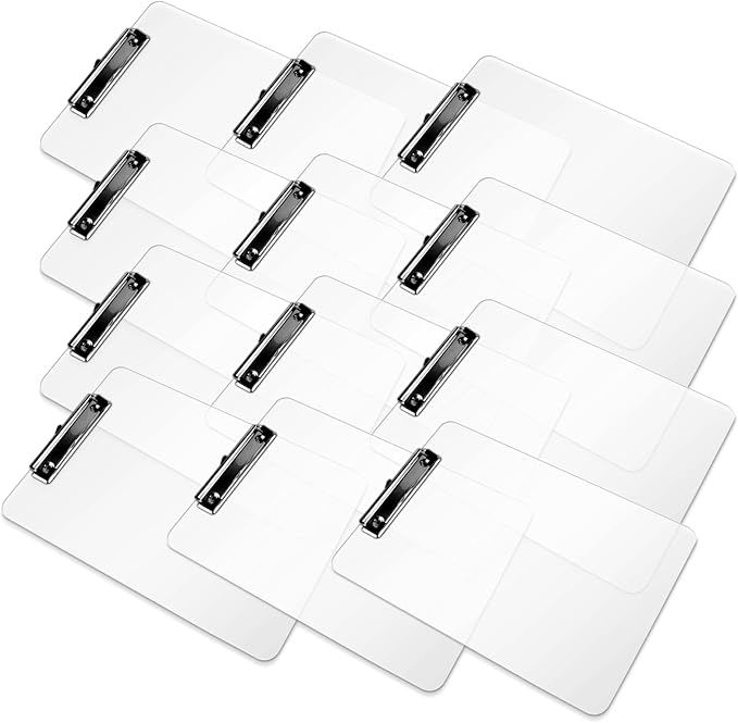 Plastic Clipboards Set of 12, A4 Acrylic Clear Board 8.5x11 for Classroom, Students, Transparent Letter Size 9" x 12.5" with Low Profile Clip, Office & School Supply