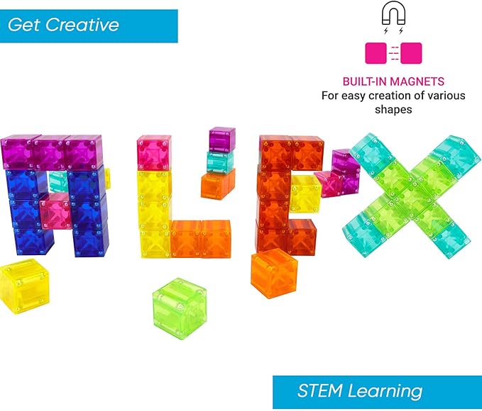 BrainSpark 48PCS Translucent Mulit-Color DigitBlocks Magnetic Building Blocks, Montessori Clear Magnet Cubes for Boys Girls Stacking Block Sets Ages 3-9