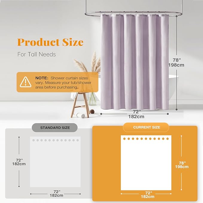 BTTN 78 Inch Long Shower Curtain, Linen Textured Thick Weighted Fabric Shower Curtain Set with 12 Hooks, Tall Hotel Neutral Heavy Duty Waterproof Polyester Shower Curtain for Bathroom, 72x78, Lavender