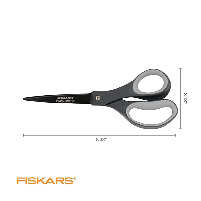 Fiskars 8" Non-Stick Comfort Grip Titanium All Purpose Scissors, Stainless Steel Blades for Everyday Cutting Tasks, Home, Office, and Arts & Crafts, Gray