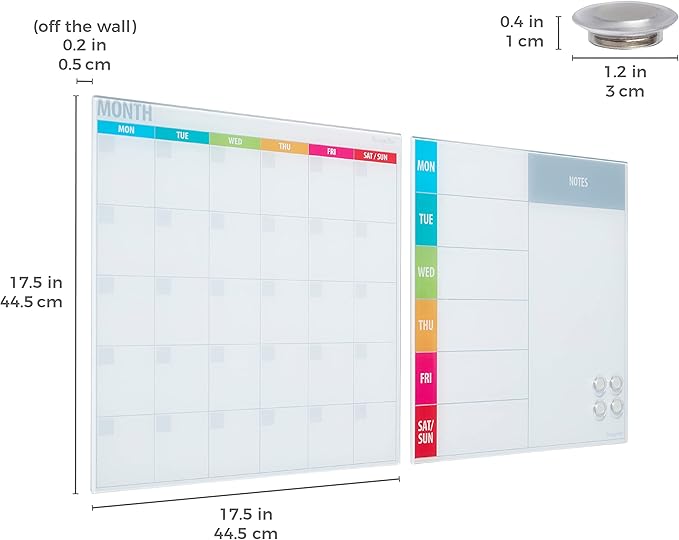 ECR4Kids MessageStor Magnetic Dry-Erase Glass Board with Magnets, 17.5in x 17.5in, Wall-Mounted Whiteboard, Assorted Calendar, 2-Pack