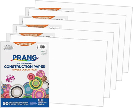 SunWorks® Construction Paper, Bright White, 12" x 18", 50 Sheets Per Pack, 5 Packs