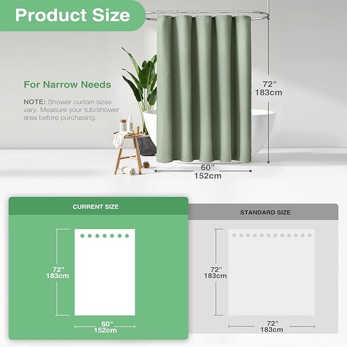Dynamene 60 inch Stall Shower Curtain - Waffle Weave Heavy Duty Thick Fabric Shower Curtains for Bathroom,Weighted Hotel Spa Luxury Cloth Bath Curtain Set with 10 Plastic Hooks,60x72, Sage Green